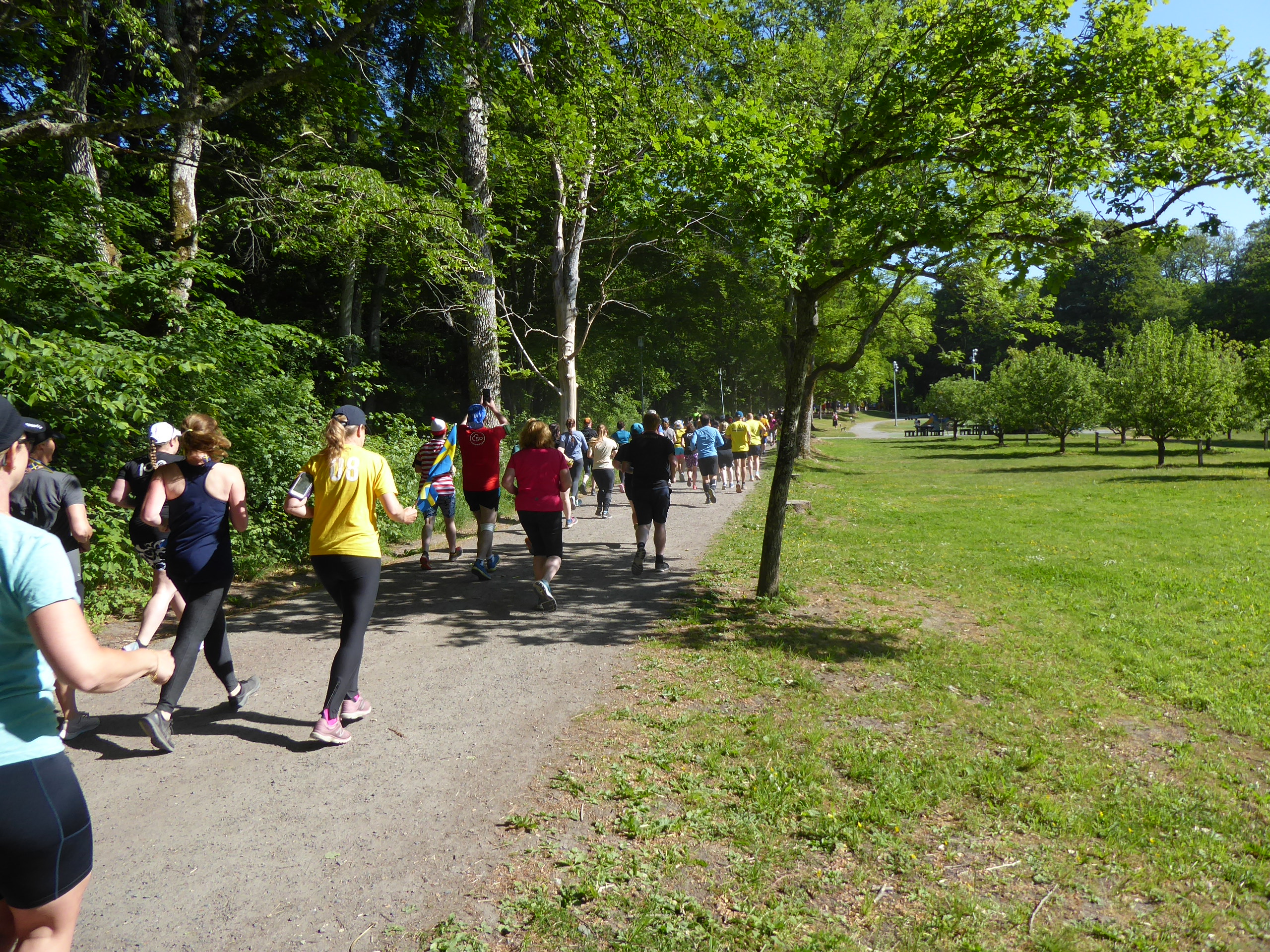 Deltagare på en gemensam löprunda bland träden i Billdalsparken, juni 2023
